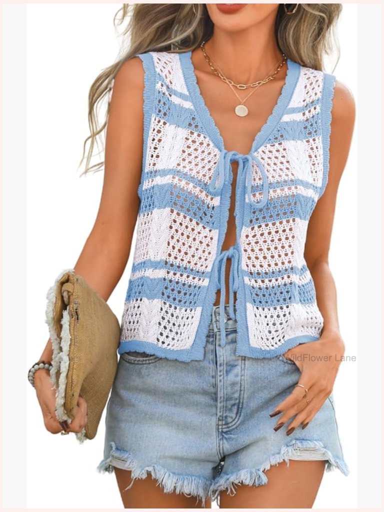 Crochet Tie Front Vest Top, Sleeveless Hollow Out Beach Cover Up